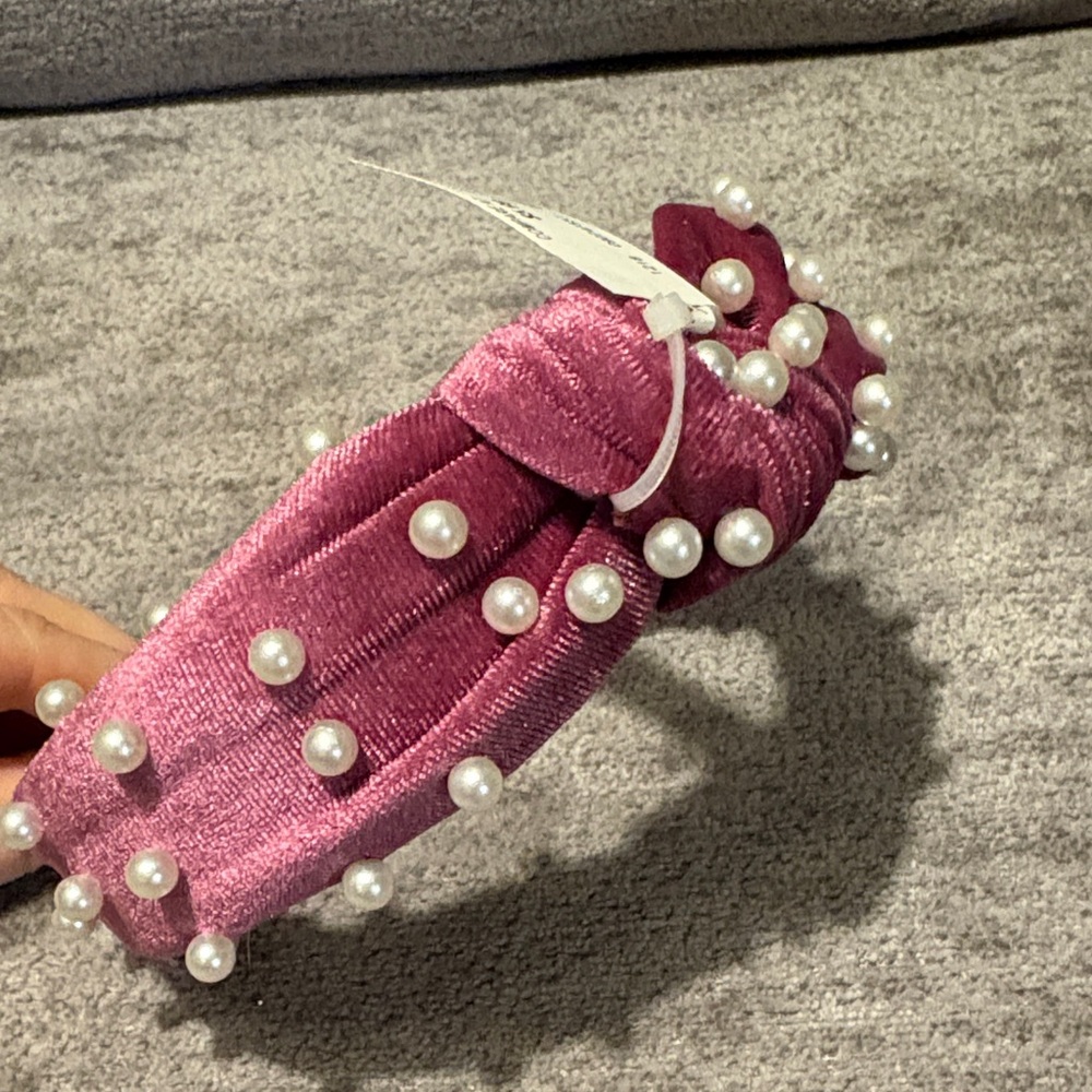 Pink Velvet Headband with Pearls